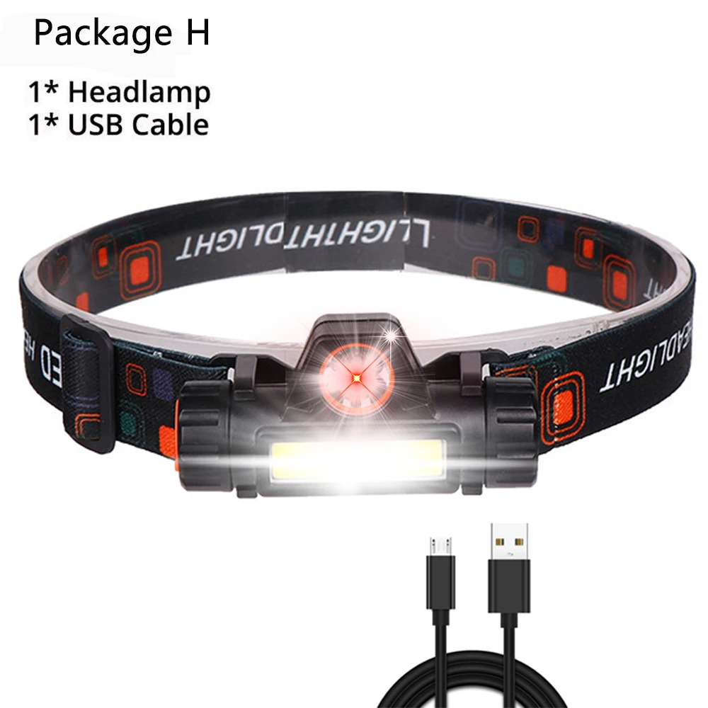 Package H Супер Мощный USB Перезаряжаемый XHP50 налобный фонарь XPE+ COB налобный светильник, высокомощный xhp70 налобный фонарь, фонарь с зумом, налобный светильник для кемпинга - Испускаемый цвет: Package H
