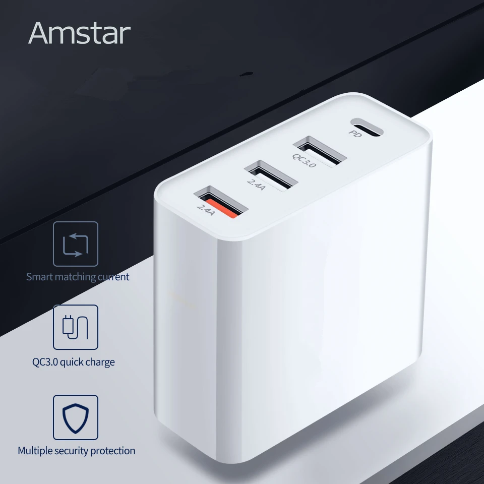 Amstar 48 Вт мульти Быстрая зарядка 3,0 PD type C USB зарядное устройство для iPhone 11 XS X samsung 10 9 huawei Tablet QC 3,0 быстрая настенная зарядка