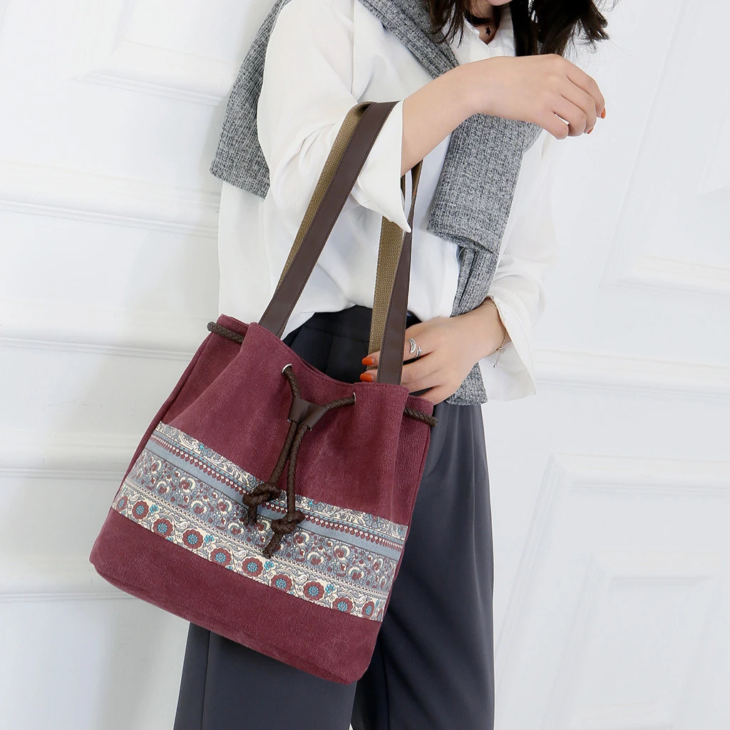 Style Canvas Handbags Women Drawstring Bucket Bag Lady Cheap Shoulder Single Shoulder Shopping Bags Floral Printed Beach Bag 820