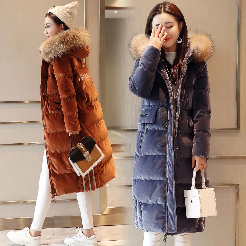 

2019 New Style Korean-style Thick down Feather Cotton-padded Jacket Gold Velvet Cotton Coat Mid-length Women's Large Fur Collar