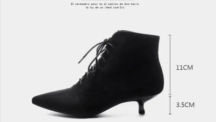 Женские ботинки; коллекция года; сезон осень; женские ботинки из флока с острым носком на высоком каблуке; ботильоны на шнуровке; женская обувь черного цвета на резиновой подошве
