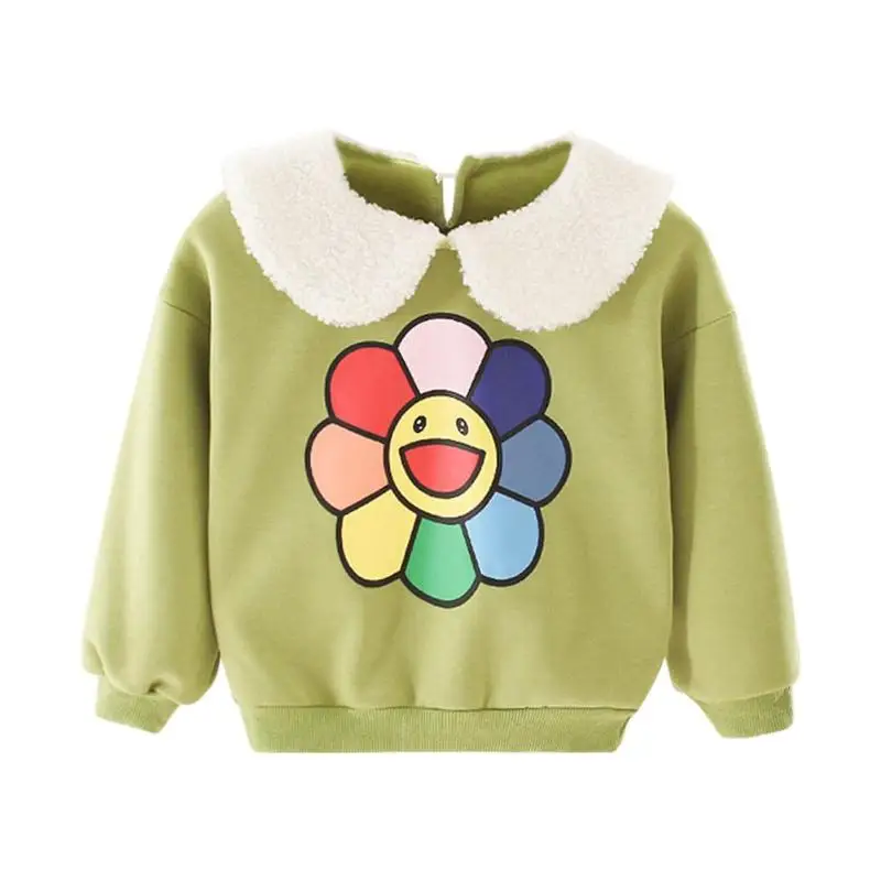 Пуловер для маленьких девочек; детская одежда с принтом в виде кукольного воротника; хлопковый и кашемировый Повседневный свитер для отдыха с подсолнухами; Милый хлопковый свитер с вышивкой - Цвет: Зеленый