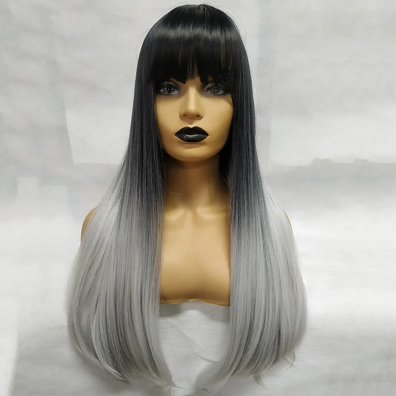 Длинные прямые волосы черные с челкой синтетические парики для женщин афро