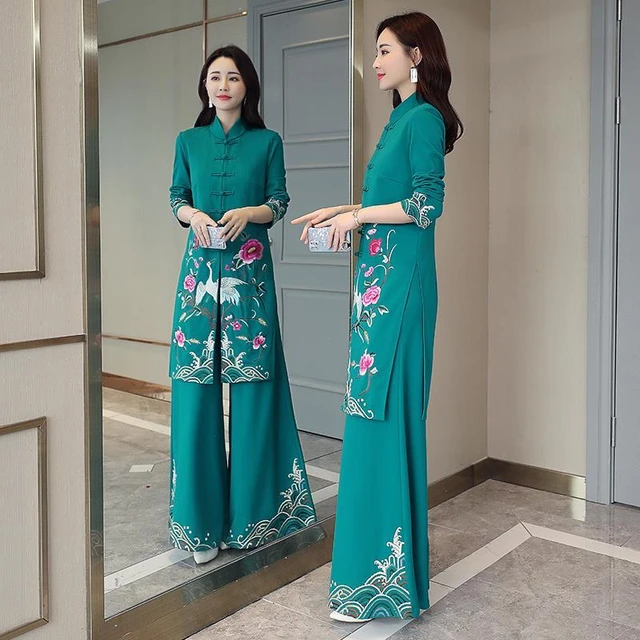 2024 Vietnam Ao Dai Cheongsam Traditional Oriental Dress Set Improved  Vietnam Aodai Qipao Wide Leg Pants Two Piece Suit - AliExpress