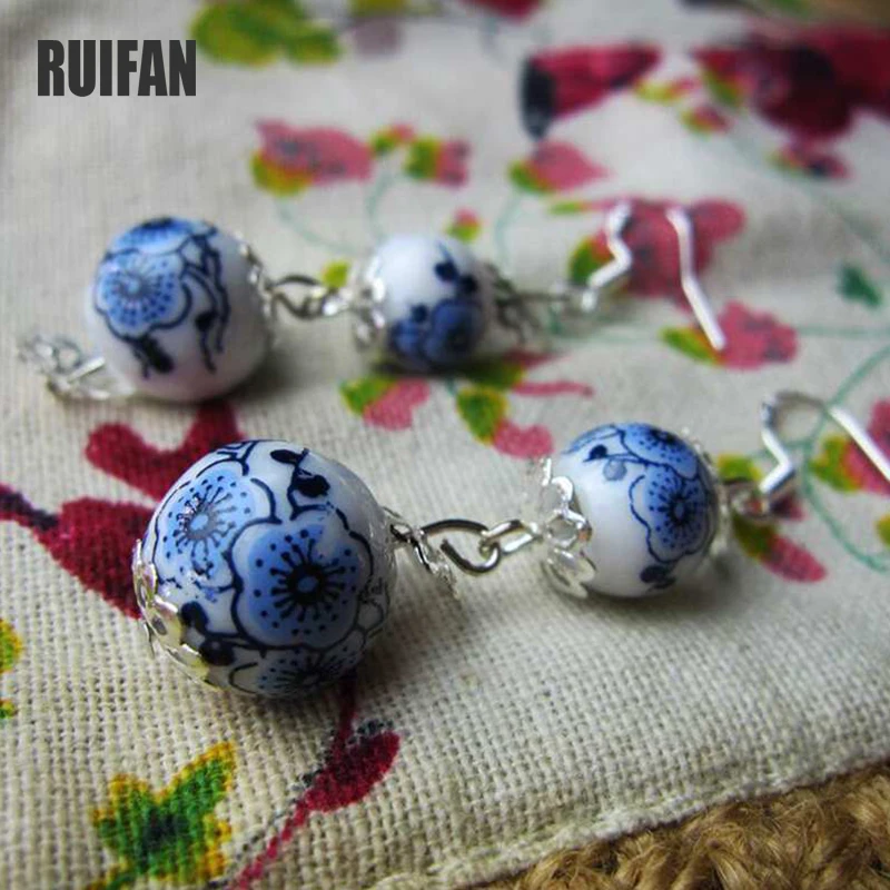 Винтажные сине белые китайские керамические серьги Ruifan бусины женские длинные