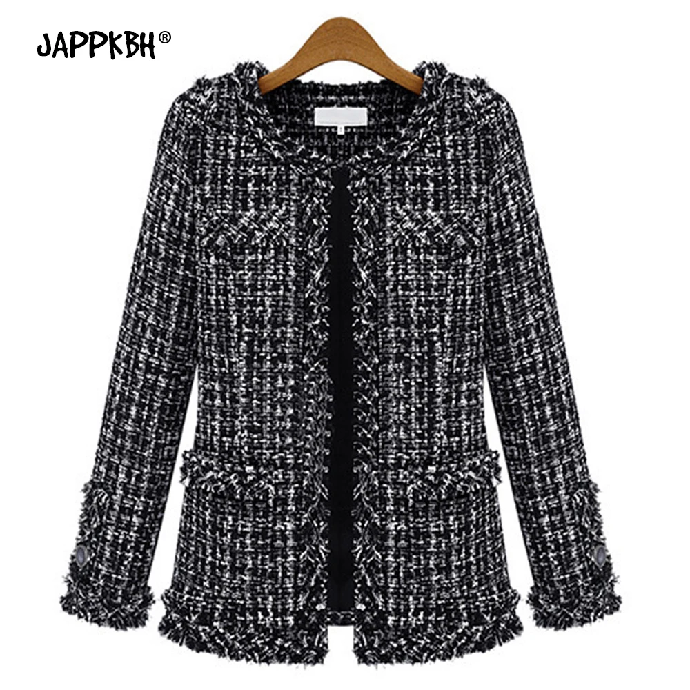 

Autumn Winter Coat Women 2019 Plus Size Elegant Long Sleeve Plaid Jacket Female Vintage Oversize Tassel Tweed Wool Blends Black