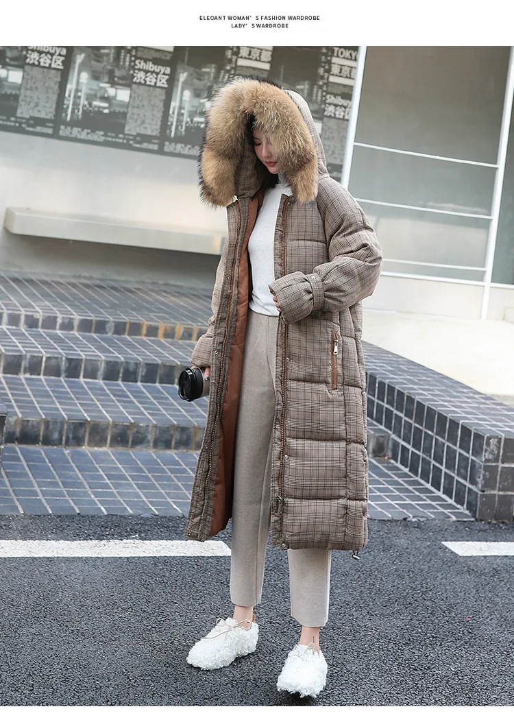 Пуховик из хлопка, длинная стильная зимняя куртка, новая Корейская версия, толстая клетчатая куртка с большим воротником для студентов