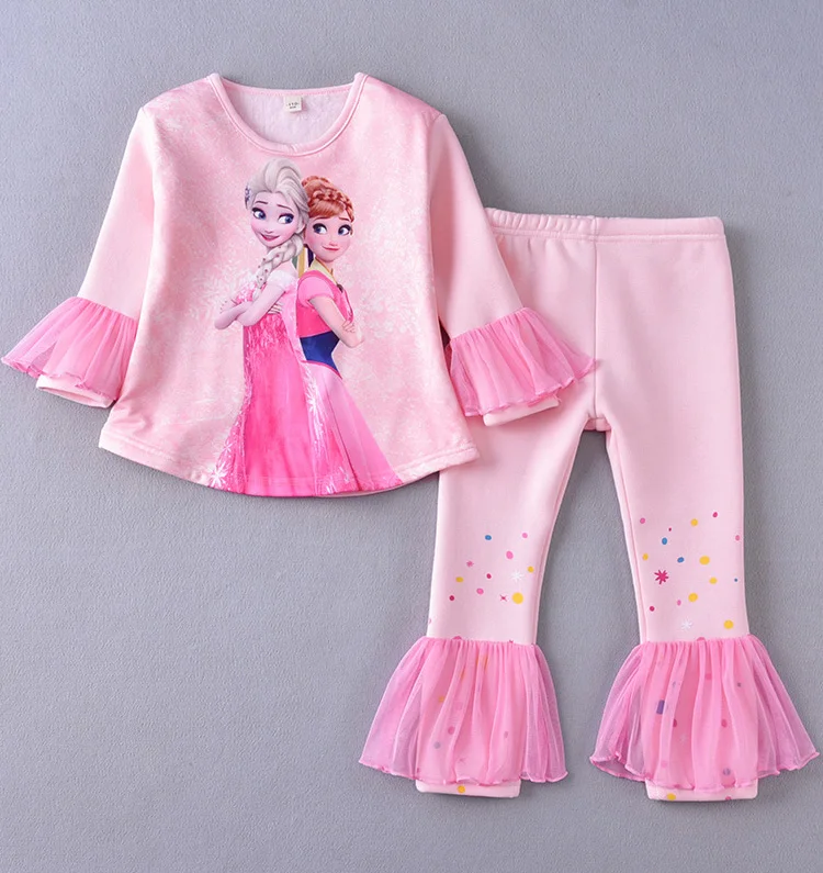 Осенне-зимний пижамный комплект с длинными рукавами для девочек; теплый хлопковый костюм с рисунком Эльзы; одежда для сна; домашняя одежда принцессы; Q432