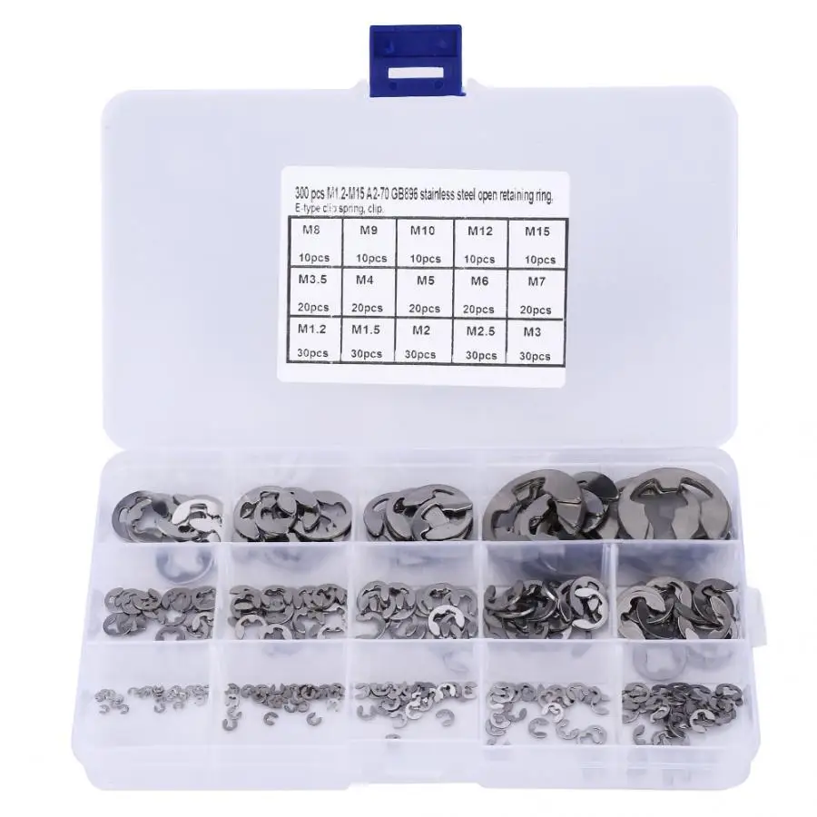 

300 Pcs E Clip Set Stainless Steel E-Type Retaining Ring Circlip Assortment Kit M1.2~M15