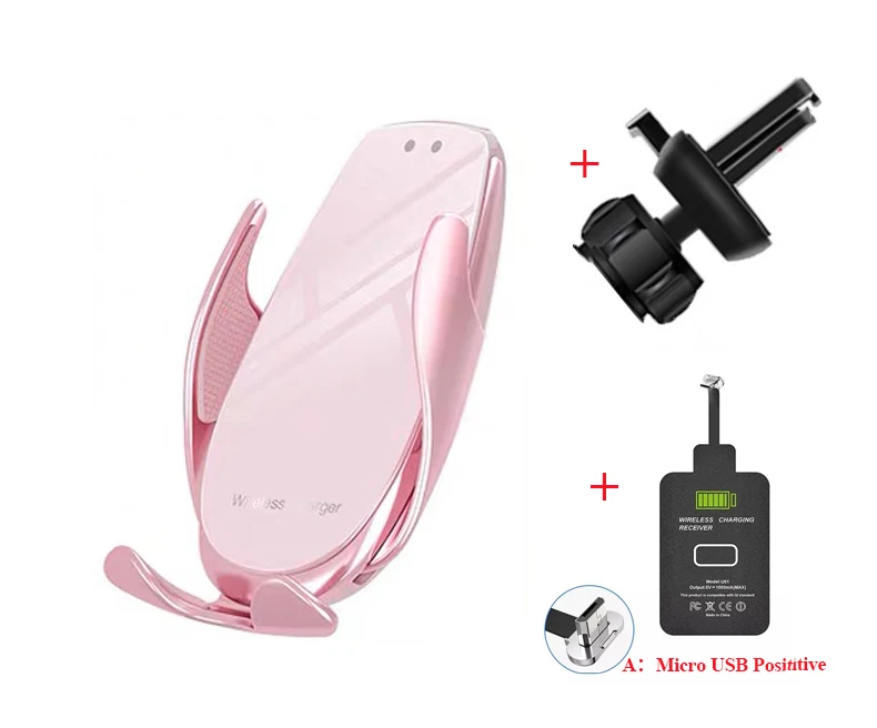 QI 15W Fast Wireless Car Charging Pink White Mount for iphone Base Car Holder Portable Wireless Induction Charger C Type Cable - Цвет: Micro USB Positive