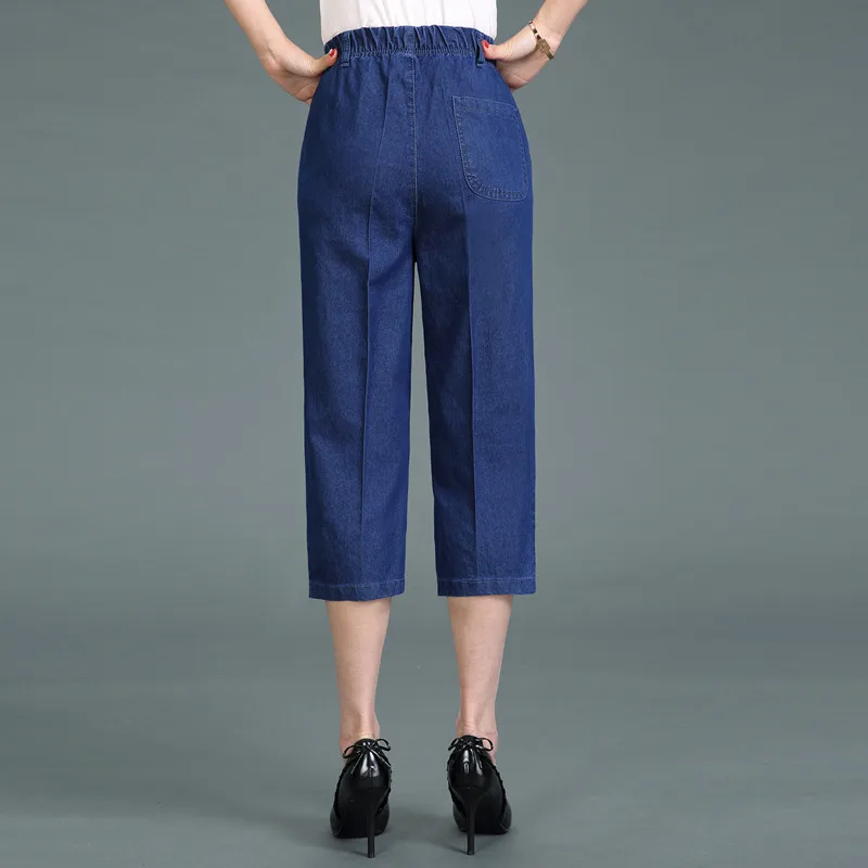 feminino panturrilha-comprimento denim calças jeans mãe cintura