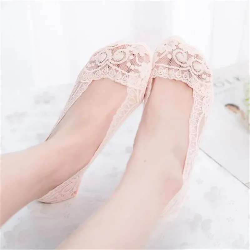 Розовый Sale Silicone shallow Women Lace Slipper Ankle Socks Invisible Seamless Girls Low Cut Boat cotton Thick Socks Slippers Anti-Slip - Цвет: Розовый