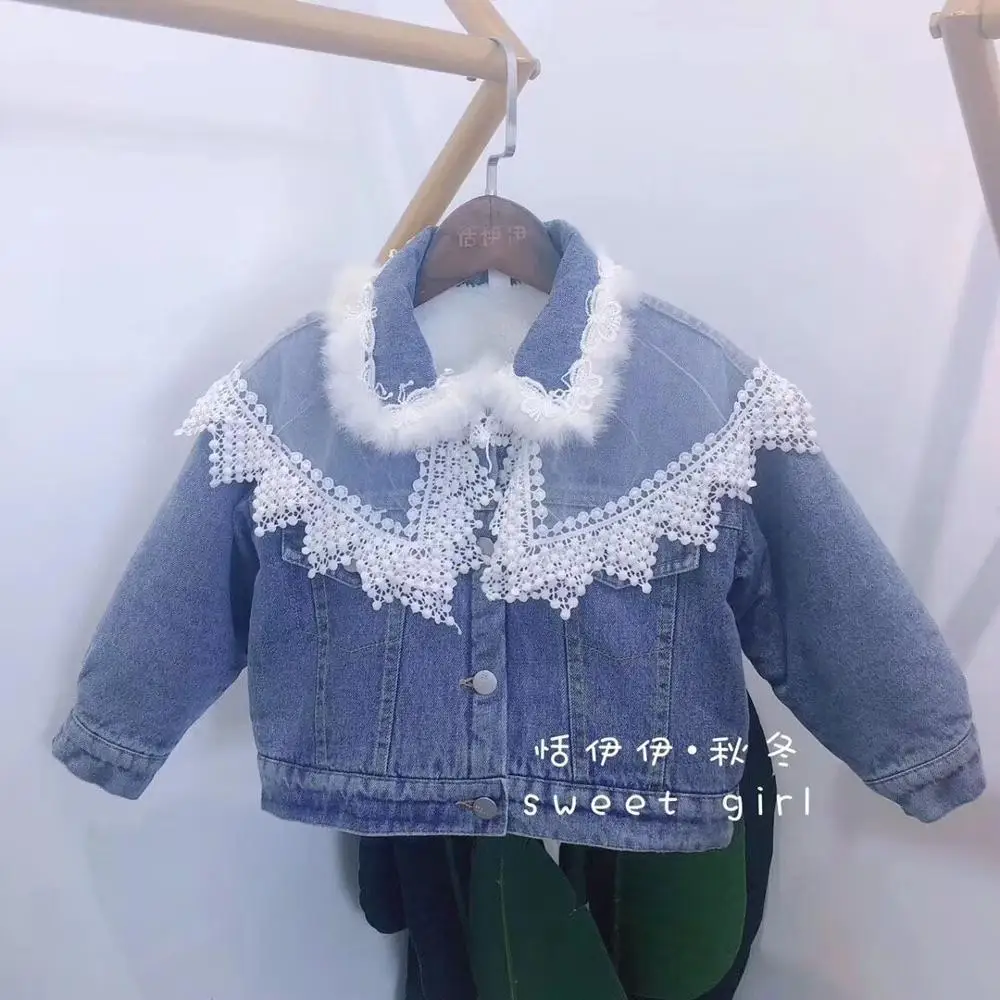 

2019 Winter Fashion Fleece Lace Jean Coat For baby Girls, Children Cute Cowboy Outwear Wholesale, 5 pieces/lot