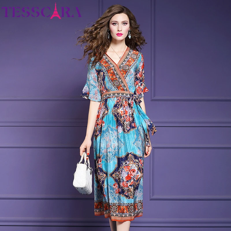 

TESSCARA Women Summer Elegant Chiffon Dress Female Lady Casual Robe Femme High Quality Vintage Print Designer V-Neck Vestidos