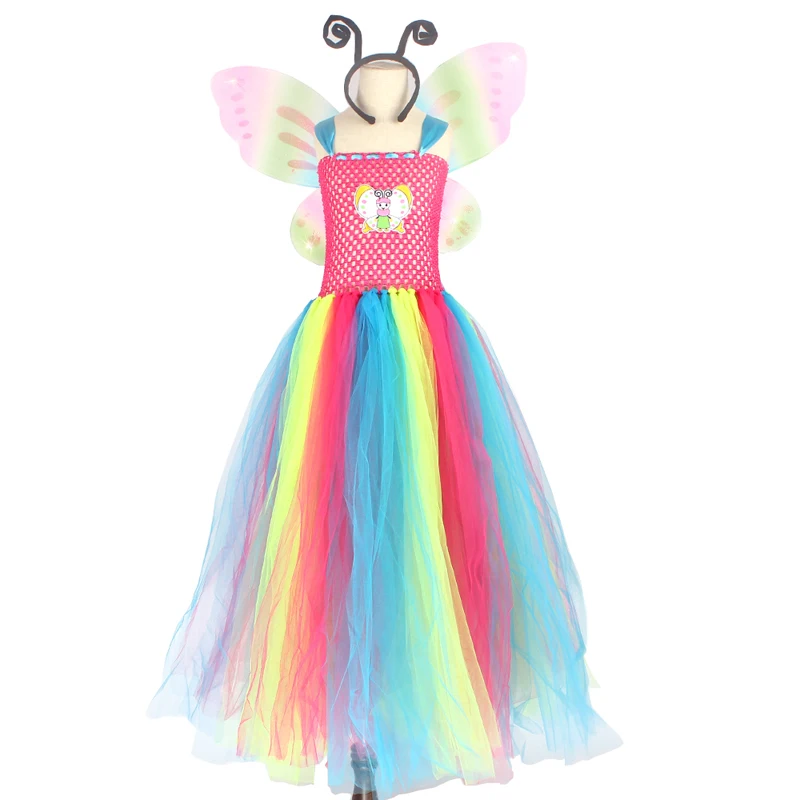 Affordable Rainbow Butterfly Girls Tutu Dress with Wings and Headband Princess Fairy Kids Birthday Party Dress Up Tutu Costume