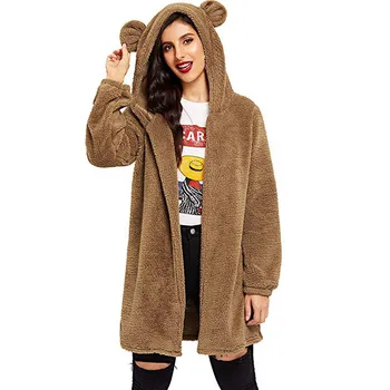 

feitong Fleece Womens parka Hoodies Bear Ear Teddy Hooded winter coat women solid color coat long sleeve wool coat women 8M3