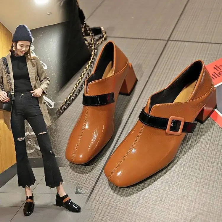 

2020 British Style Women Shoes Two Wearings Pumps Square toe Thick Heels Female Joker Single Shoes Buckle Black Beige Brown