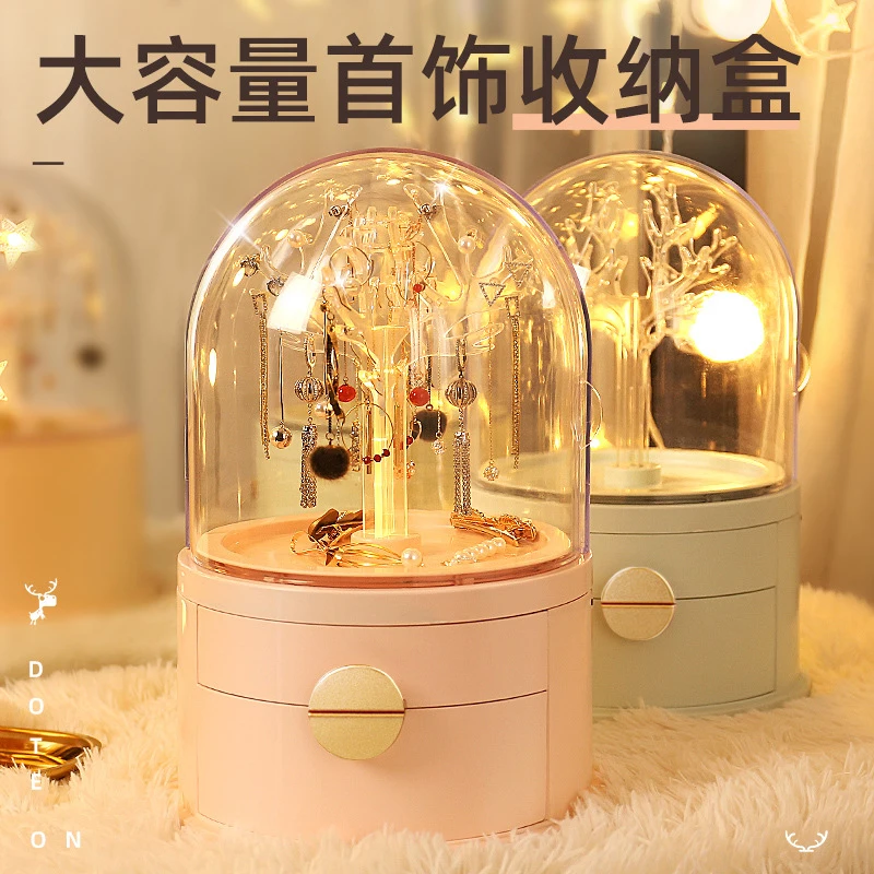 Acrylic Led Lamp Jewelry Makeup Box 360 Degree Rotating Jewelry Earrings Storage Organizer Drawer Desk Dust Proof Jewel Shelf