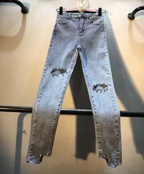 

Jeans Femme European New Style Irregular Denim Trousers High Waist Slim Fit Elasticity with Holes Jeans Women's Skinny Jeans