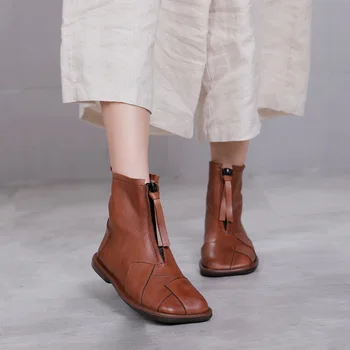 

2020 Autumn Winter New Round Head Genuine Leather Boots Female Casual Flat Heel Motorcycle Boots dan xue