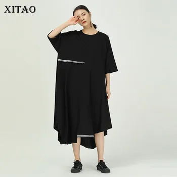 

XITAO Trend Irregular Dress Women Plus Size Loose Short Contrast Stripes Dresses Oversized Women Clothes 2020 Summer GCC3569