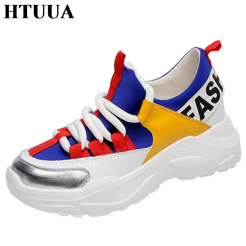 

HTUUA Women's Sneakers Autumn Casual Mixed Colors Breathable Cloth Non-slip Lace-Up Platform Vulcanized Shoes Women SX3155