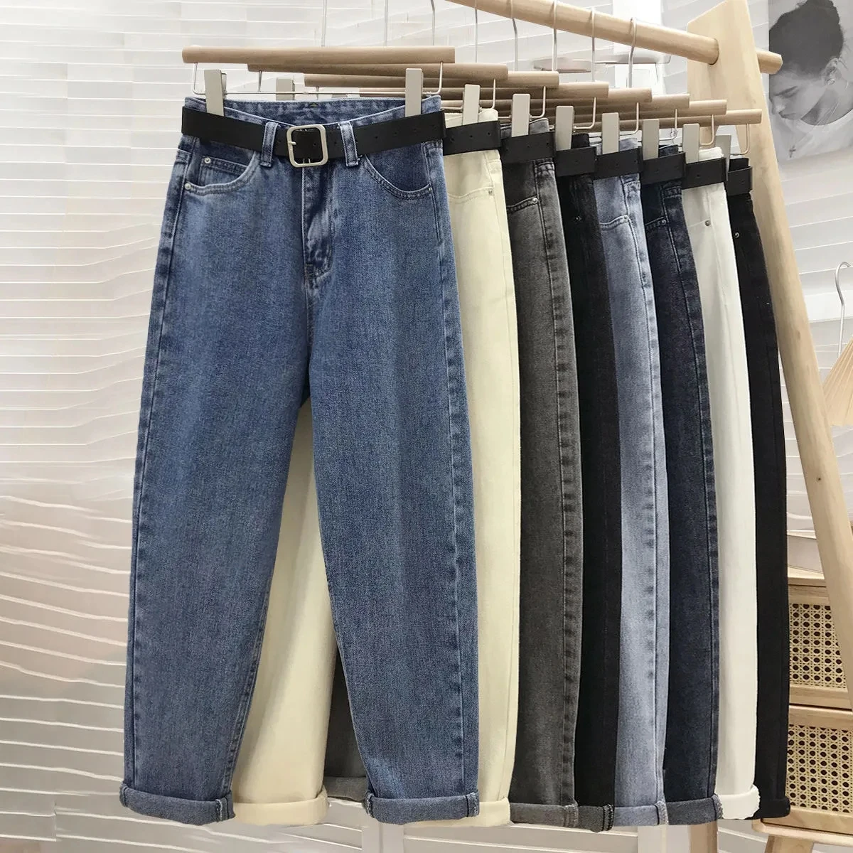 2021 New High-waist Jeans Long Pants Autumn/Winter Women's Denim Straight-leg Pants Female Loose Stretch Harlan Pants