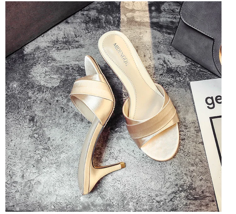 Slippers Summer 2019 High-heeled Slim Banquet Silk and Satin