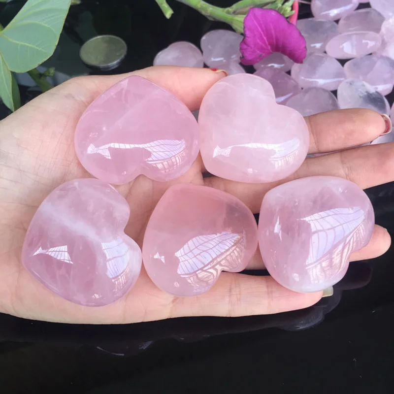 Natural Rose Quartz Crystal Carved Heart Shaped Pink Love Palm Healing  Gemstones