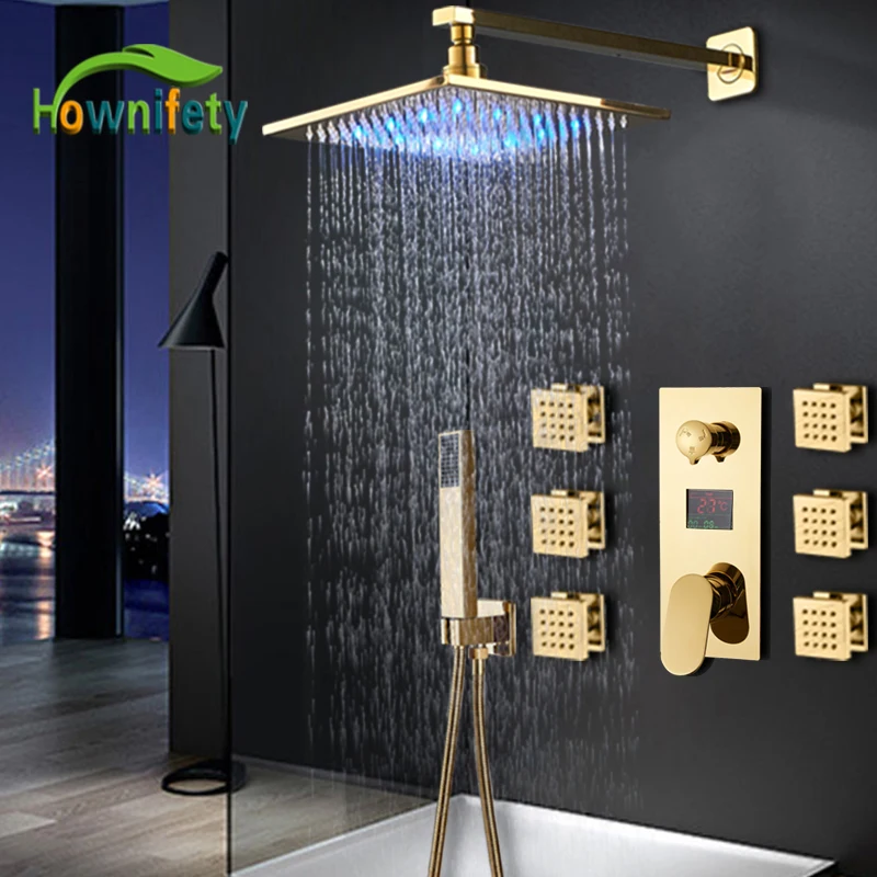

luxury gold LED Concealed Shower Set Hot Cold Mixer Value Brass thick Shower Head two type bathroom 3 way mixer shower faucet