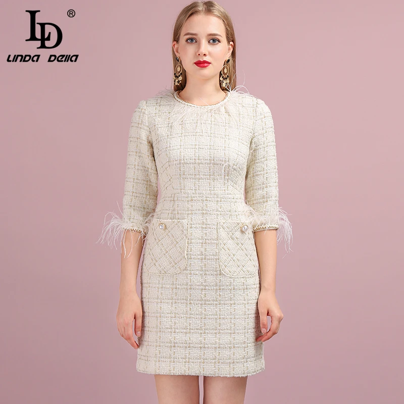 LD LINDA DELLA Fashion Runway Herfst Mini Jurk vrouwen Half Mouw Veren Splice Plaid Weven Casual Ladies Party Jurken LD LINDA DELLA Fashion Runway Herfst Mini Jurk vrouwen Half Mouw Veren Splice Plaid Weven Casual Ladies Party Jurken