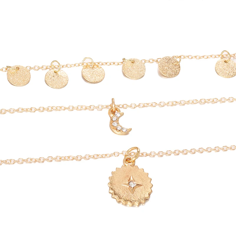 Bohemian Moon Sun CZ Pendant Necklace For Women Gold Multi Layer Pendant Sweater Chain Fashion Ladies Party Jewelry
