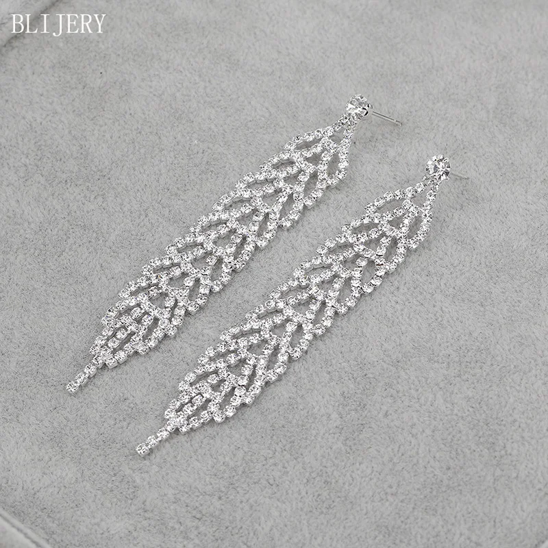 

BLIJERY Diamante Silver Color Rhinestone Wedding Earrings for Women Jewelry Crystal Leaf Shape Bridal Long Drop Earrings