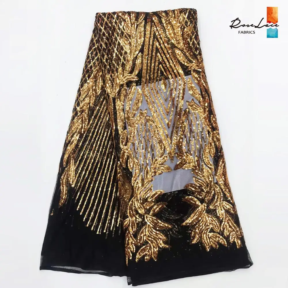 

2019 Latest Gold And Black Sequined Embroidered Mesh Tulle Lace Fabrics New Lagos Guinea Noble Lady Prom Dress Sequins Net Laces