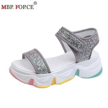 

MBR FORCE 2020 Summer Women Sandals Rainbow Colorful Sequined Cloth Ladies Sandals Chunky Heels Open Toe Heels Platform Sandals