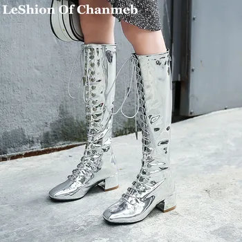 

Plus Size 12 Patent Leather Silver Knee High Boots women's Lace up Zipper Shiny Tall Boots Medium Heels Runway Boots Fashion New