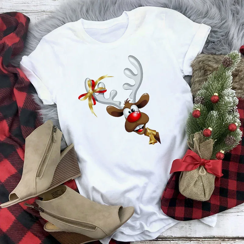 Белая подходящая для всех сезонов футболка, Топы, одежда, новая милая футболка с оленем, женская модная Рождественская Футболка Harajuku с коротким рукавом