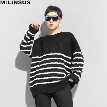 

Fall Winter 2019 Black Twisted sweater women O-neck pullover White stripe plus size Knitted Sweaters lady Tide korean Jumper