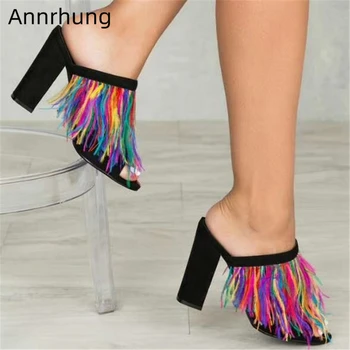 

Rainbow Color Feather Decor Shoes Woman Catwalk Shoes Sexy Peep Toe Square High Heel Party Slides 2020 New Slippers Women