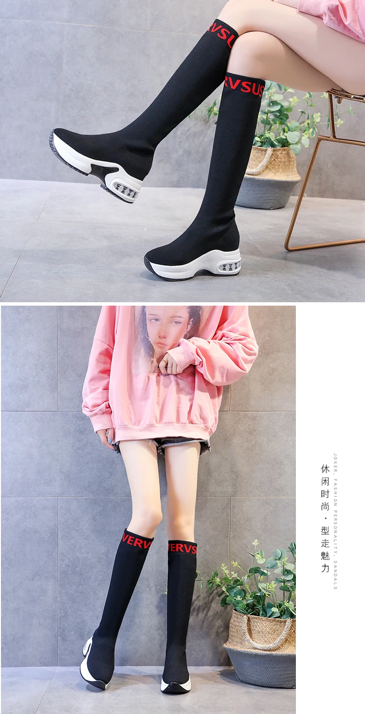 Эластичные сапоги выше колена; женские носки; черные сапоги; облегающие высокие сапоги до бедра; вязаные сапоги; кроссовки на платформе; Дизайнерская обувь