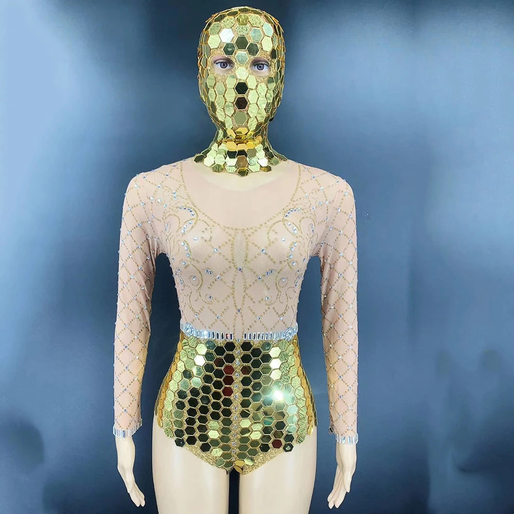 Sparkly Embellished Diamond Print See Though Gauze Bodysuit Shining
