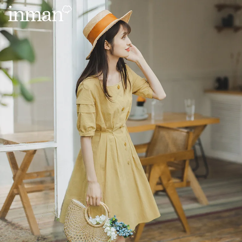 

INMAN 2020 Summer New Arrival Pure Cotton Square-cut Collar French Style Retro Sweet Dress