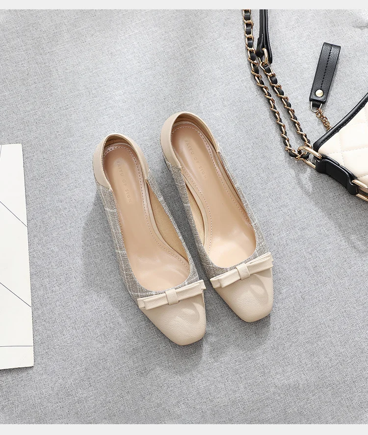 Classic Houndstooth Square High Heels Shoes Woman Women Slip Ons Square Toe Bowtie Elegant Casual Wedding Office Lady Shoes
