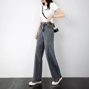 

Wide Leg Jeans Woman High Waist Loose Softener Full Length Mom Blue Gray Female Denim Pants 4xl 5xl