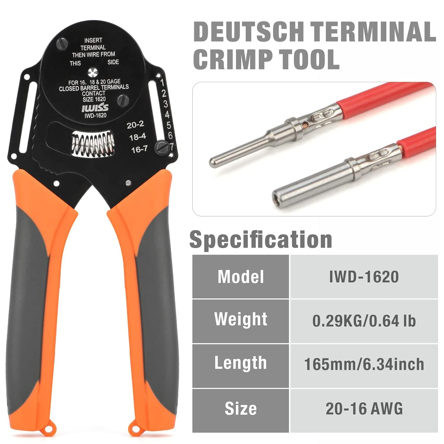 IWISS IWD-1620 Deutsch Size 16 Crimper,Solid Barrel Contact&Circular Connector Contacts Crimping Tool,8 Indents Wire Crimp Plier 2