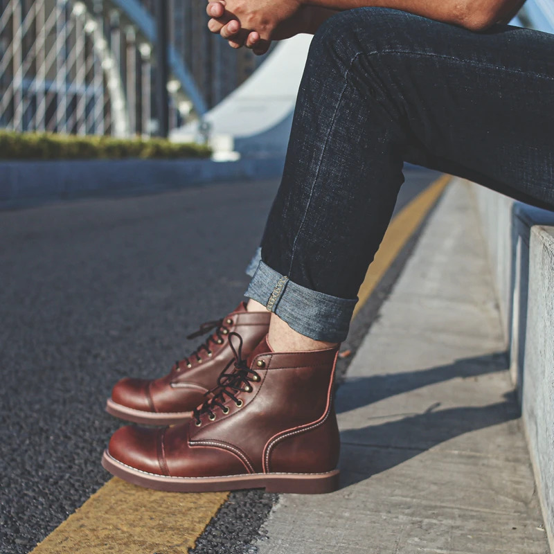 Casual Men Shoes Handmade Spring Dress Ankle Boots Vintage Tooling Wings Cow Leather Motorcycle Boots