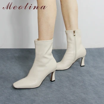 Женские ботильоны с квадратным носком Meotina, бежевые ботильоны на высоком каблуке-шпильке, на молнии, Осень-зима 2019