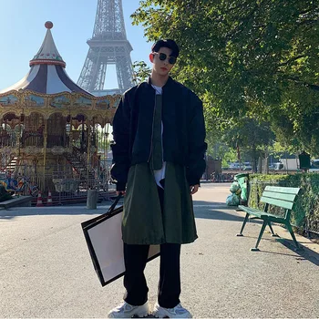 

Men Streetwear Fake 2PCS Splice Casual Long Bomber Jacket Windbreaker Male Women Hip Hop Fashion Trench Coat Overcoat Outerwear