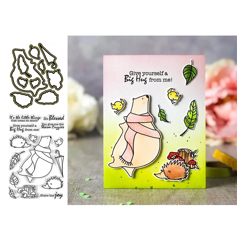 

Share The Joy Bear Hedgehog Metal Cutting Dies with Stamps for DIY Scrapbooking Paper Cards Making Craft Supplies New 2019
