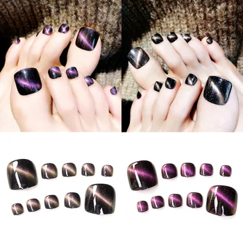 

Flashing Style 24 sheet/set Fake False Toenail Cat Eye Press on Tips Purple Glittery Manicure Foot Wear Nails Photo Therapy L11